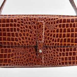DKNY Shoulder Bag Croc Embossed Genuine Leather Purse Small Cognac Brown